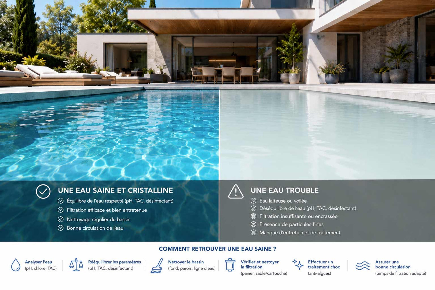 Eau saine vs eau trouble piscine 