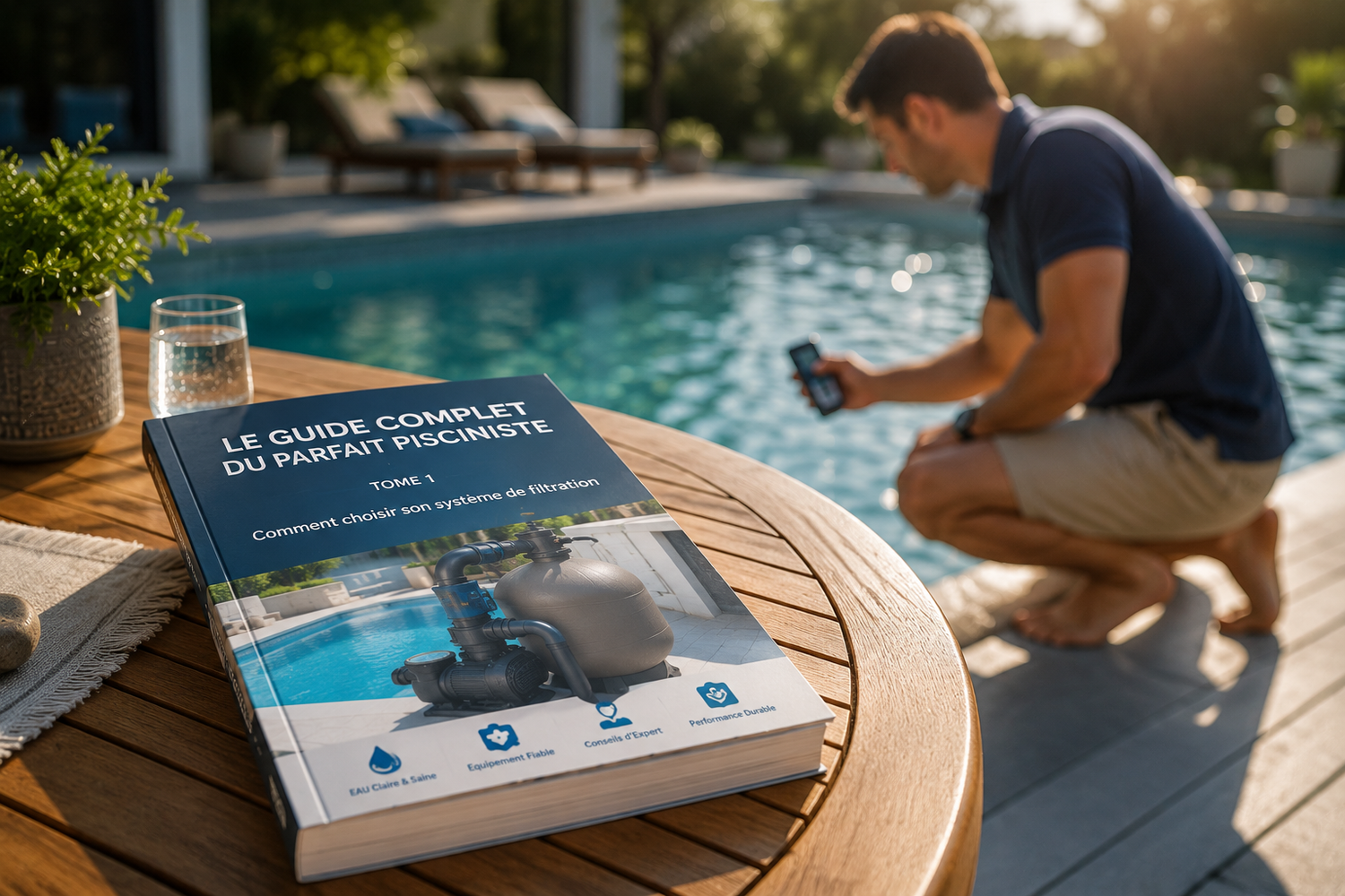 Un homme test l'analyse d'eau de sa piscine 