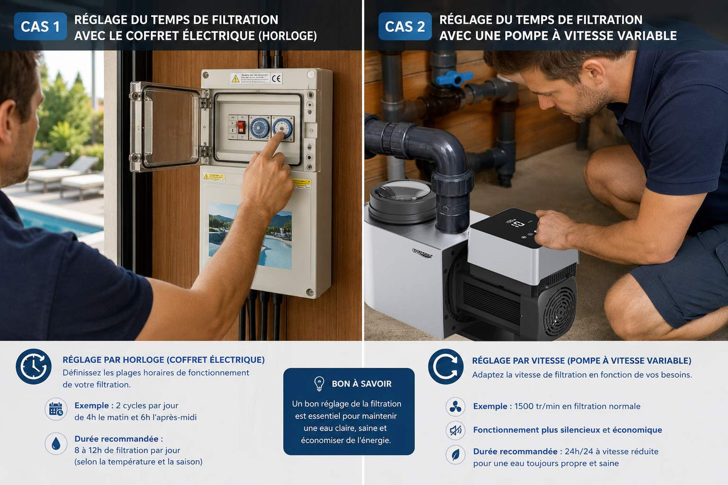 comparatif réglage du temps de filtration piscine : coffret électrique  à horloge vs pompe à vitesse variable 