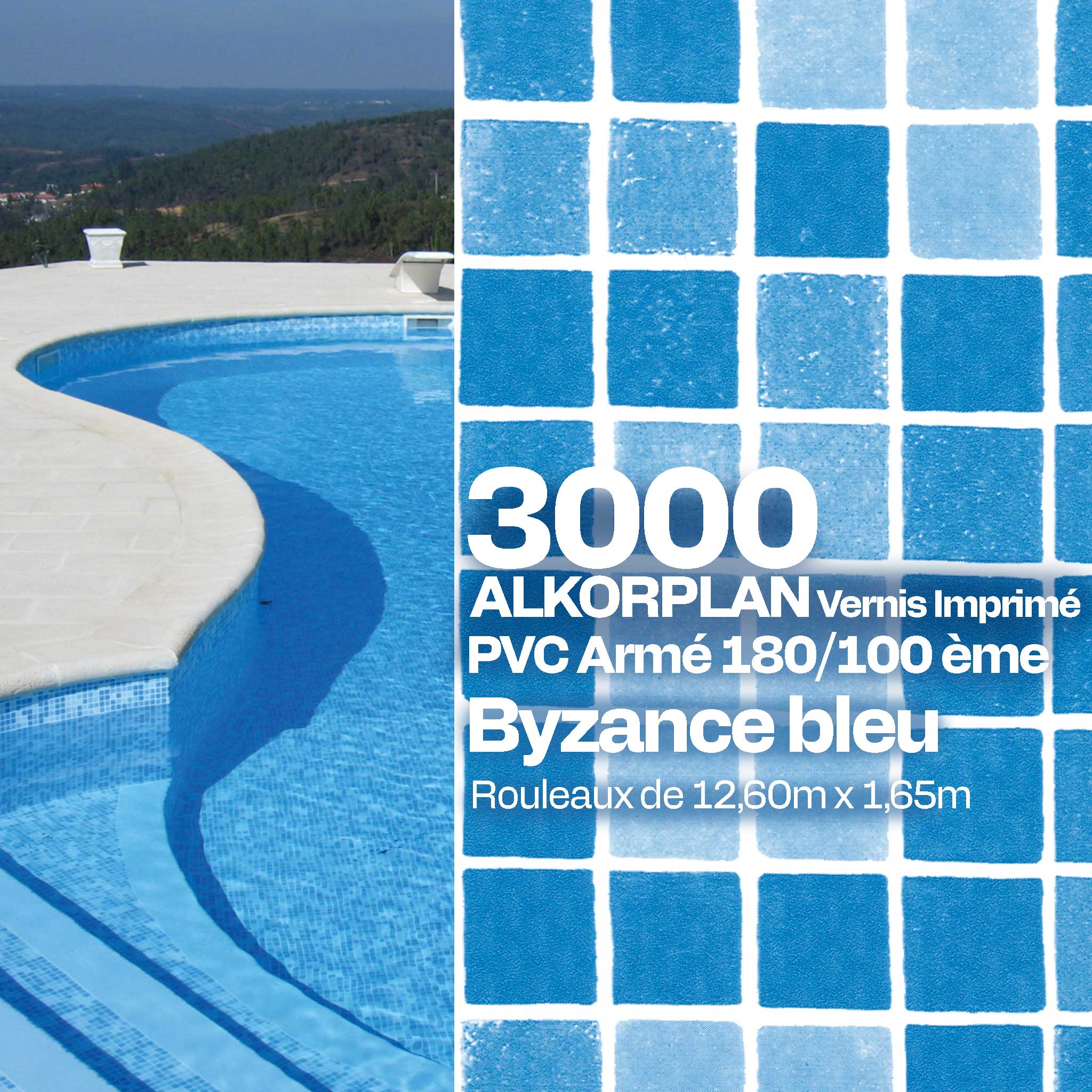 PVC armé Alkorplan 3000 antidérapant 12,60 x 1,65 m piscine Byzance bleu