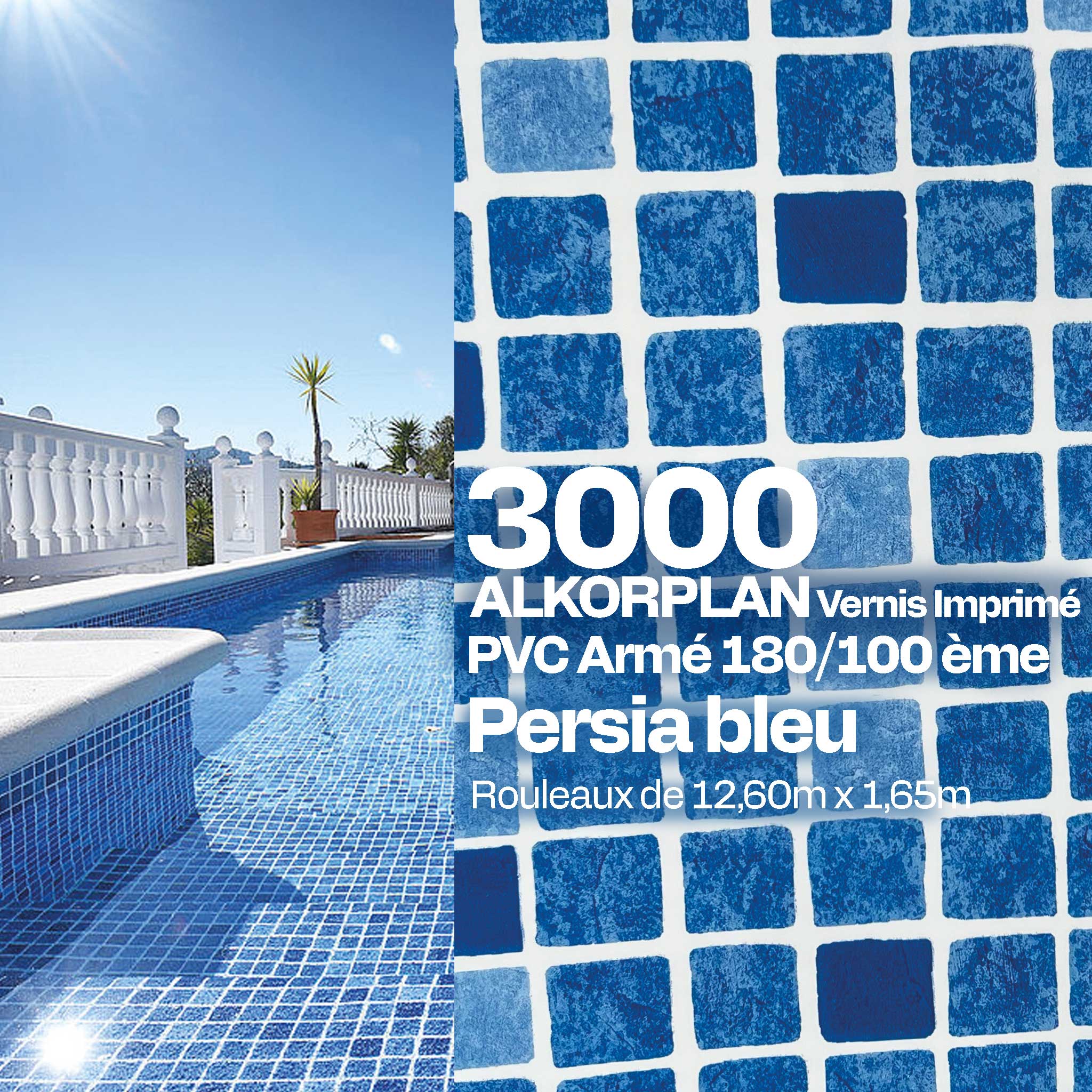 PVC armé Alkorplan 3000 antidérapant 12,60 x 1,65 m piscine percias bleu
