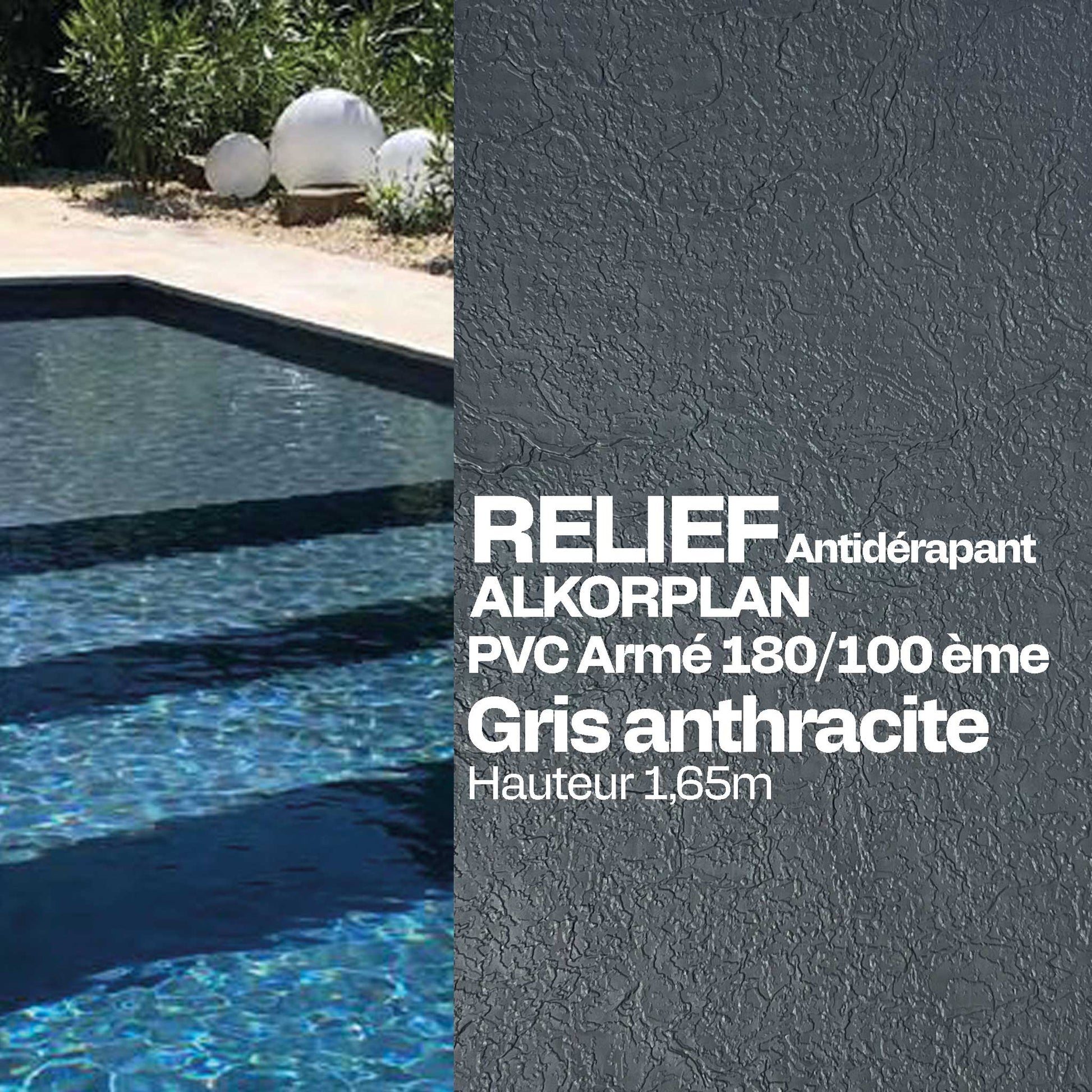 PVC armé Alkorplan Relief piscine 1,65 m x 25 m gris anthracite