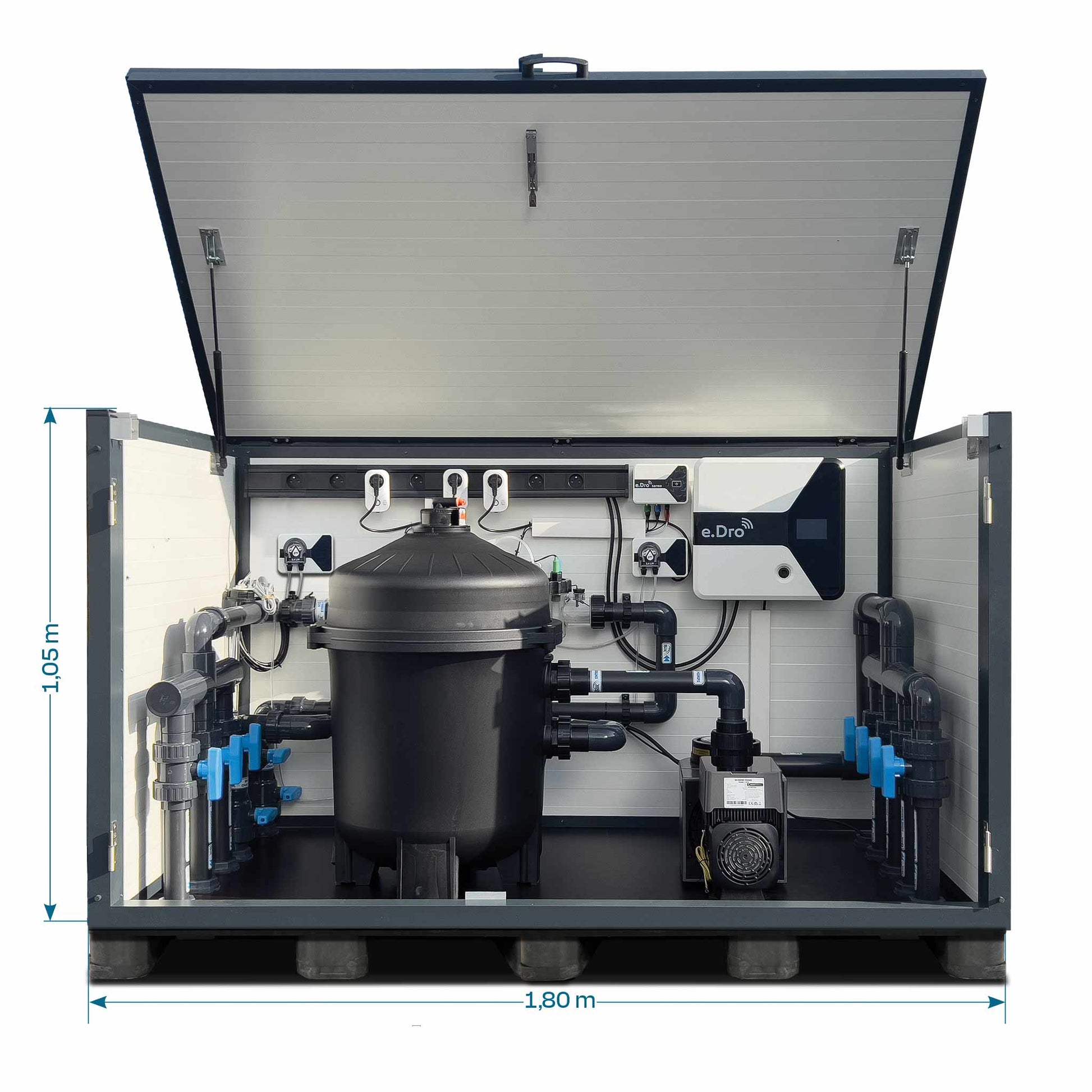 Abri Filtre 2.0 : local technique piscine hors-sol équipé au chlore liquide